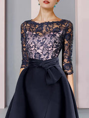 DingjiSheath / Column Mother of the Bride Dress Formal Party Elegant Scoop Neck Sweep / Brush Train Satin Lace Half Sleeve with Bow(s) Split Front