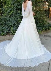 A Line V-neck Chiffon Court Train Wedding Dress with Ruching