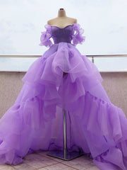 Off-the-Shoulder Purple Tulle High Low Prom Dresses Aline Evening Dresses