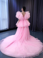 High Low Tiered Pink Pageant Dresses Ruffled Prom Gown 222131