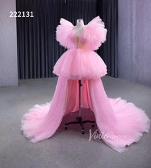 High Low Tiered Pink Pageant Dresses Ruffled Prom Gown 222131