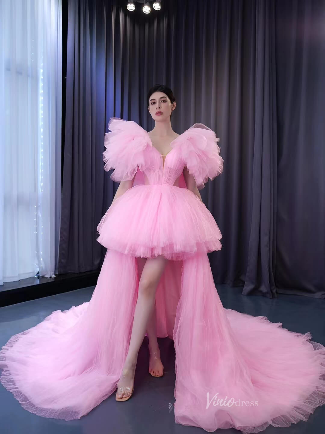 High Low Tiered Pink Pageant Dresses Ruffled Prom Gown 222131