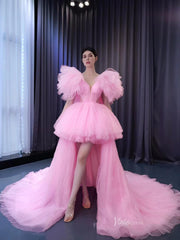 High Low Tiered Pink Pageant Dresses Ruffled Prom Gown 222131