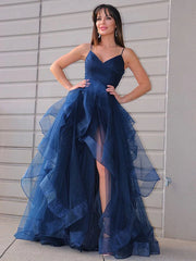 High Low V Neck Puffy Dark Navy Blue Tulle Long Prom Dresses, High Low Dark Navy Blue Formal Graduation Evening Dresses