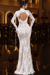 High Neck Lace Mermaid Wedding Gown with Long Sleeves