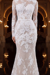 High Neck Lace Mermaid Wedding Gown with Long Sleeves