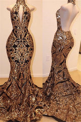 Halter Mermaid Prom Dress with Gold Appliques