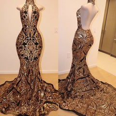 Halter Mermaid Prom Dress with Gold Appliques