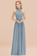 High Neck Pleated Chiffon Dusty Pink Bridesmaid Dress