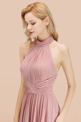 High Neck Pleated Chiffon Dusty Pink Bridesmaid Dress