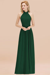 High Neck Pleated Chiffon Dusty Pink Bridesmaid Dress