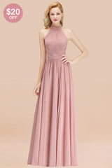 High Neck Pleated Chiffon Dusty Pink Bridesmaid Dress