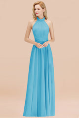 High Neck Pleated Chiffon Dusty Pink Bridesmaid Dress