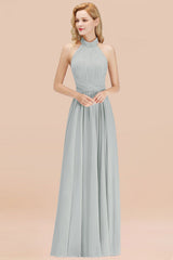 High Neck Pleated Chiffon Dusty Pink Bridesmaid Dress