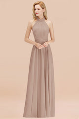 High Neck Pleated Chiffon Dusty Pink Bridesmaid Dress