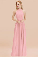 High Neck Pleated Chiffon Dusty Pink Bridesmaid Dress
