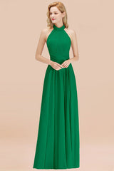 High Neck Pleated Chiffon Dusty Pink Bridesmaid Dress