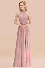High Neck Pleated Chiffon Dusty Pink Bridesmaid Dress