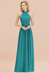 High Neck Pleated Chiffon Dusty Pink Bridesmaid Dress