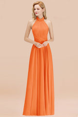 High Neck Pleated Chiffon Dusty Pink Bridesmaid Dress