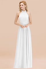 High Neck Pleated Chiffon Dusty Pink Bridesmaid Dress