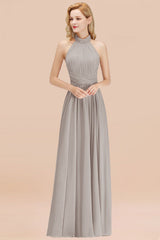 High Neck Pleated Chiffon Dusty Pink Bridesmaid Dress