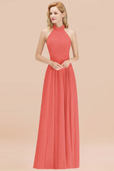 High Neck Pleated Chiffon Dusty Pink Bridesmaid Dress
