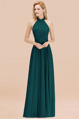 High Neck Pleated Chiffon Dusty Pink Bridesmaid Dress
