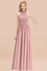 High Neck Pleated Chiffon Dusty Pink Bridesmaid Dress