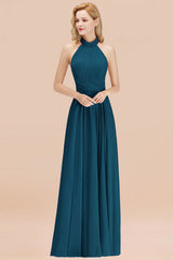High Neck Pleated Chiffon Dusty Pink Bridesmaid Dress