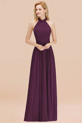 High Neck Pleated Chiffon Dusty Pink Bridesmaid Dress