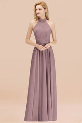 High Neck Pleated Chiffon Dusty Pink Bridesmaid Dress