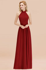 High Neck Pleated Chiffon Dusty Pink Bridesmaid Dress