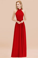 High Neck Pleated Chiffon Dusty Pink Bridesmaid Dress