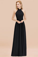 High Neck Pleated Chiffon Dusty Pink Bridesmaid Dress