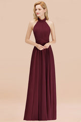High Neck Pleated Chiffon Dusty Pink Bridesmaid Dress