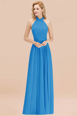 High Neck Pleated Chiffon Dusty Pink Bridesmaid Dress