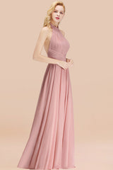 High Neck Pleated Chiffon Dusty Pink Bridesmaid Dress