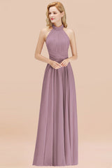 High Neck Pleated Chiffon Dusty Pink Bridesmaid Dress