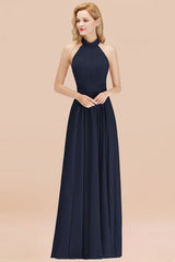 High Neck Pleated Chiffon Dusty Pink Bridesmaid Dress