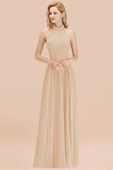 High Neck Pleated Chiffon Dusty Pink Bridesmaid Dress