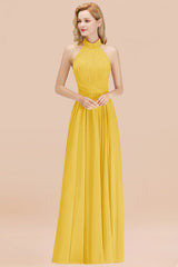 High Neck Pleated Chiffon Dusty Pink Bridesmaid Dress