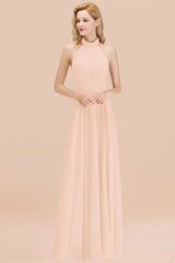 High Neck Pleated Chiffon Dusty Pink Bridesmaid Dress