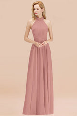 High Neck Pleated Chiffon Dusty Pink Bridesmaid Dress