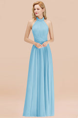 High Neck Pleated Chiffon Dusty Pink Bridesmaid Dress