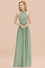 High Neck Pleated Chiffon Dusty Pink Bridesmaid Dress