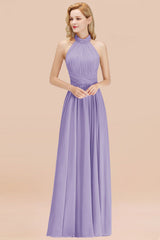 High Neck Pleated Chiffon Dusty Pink Bridesmaid Dress