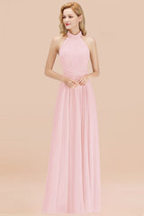 High Neck Pleated Chiffon Dusty Pink Bridesmaid Dress