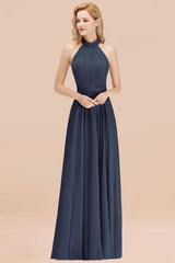 High Neck Pleated Chiffon Dusty Pink Bridesmaid Dress