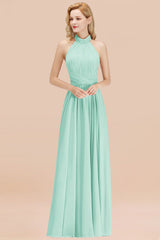 High Neck Pleated Chiffon Dusty Pink Bridesmaid Dress